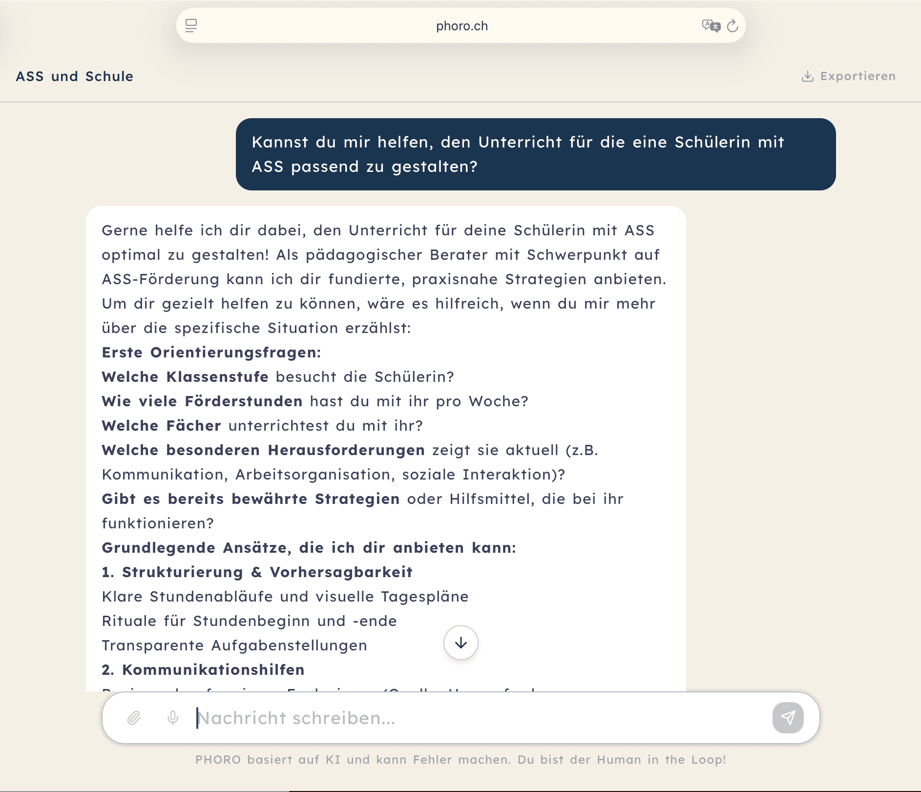 PHORO ASS und Schule – KI-gestützte Beratung zur Unterrichtsgestaltung für Schülerinnen mit ASS